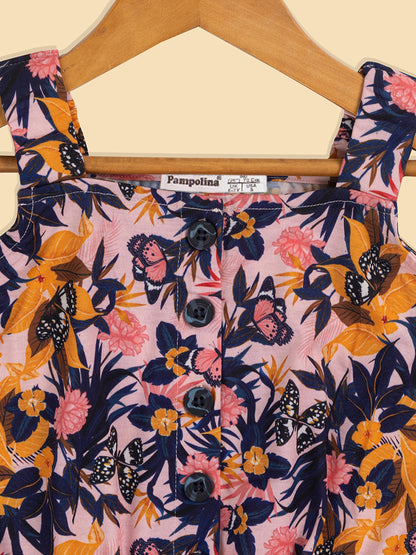 Pampolina Printed Summer Cotton Dress For Baby Girl-Peach