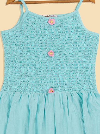 Pampolina  Solid Summer Cotton Dress For Baby Girl-Turquise