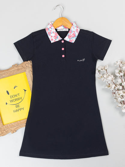 Pampolina  Solid Summer Cotton Dress For Baby Girl-Navy