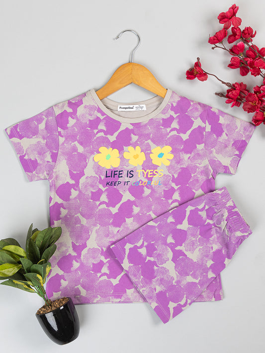 Pampolina Girls Floral Printed Co-Ord Sets-Purple