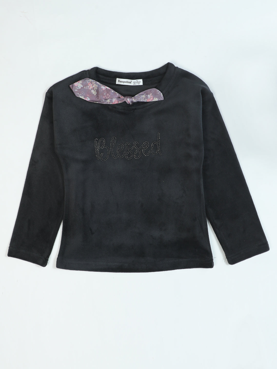 Pampolina Black Sharing Top with "Blessed" Slogan and Floral Bow Detail