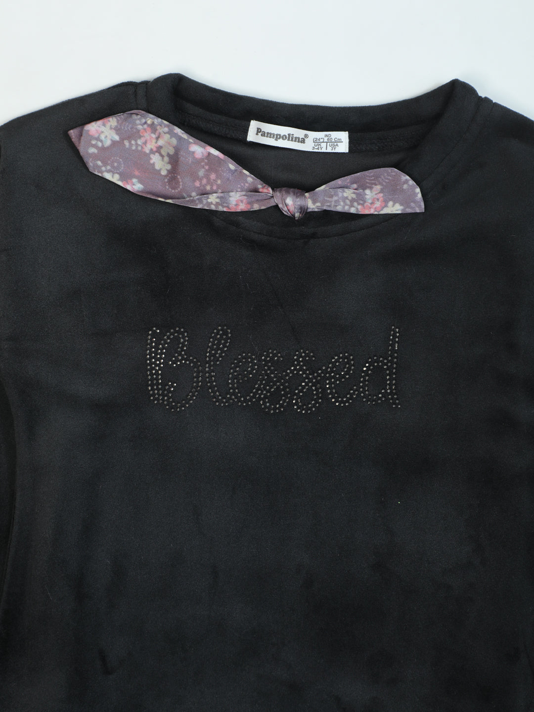 Pampolina Black Sharing Top with "Blessed" Slogan and Floral Bow Detail