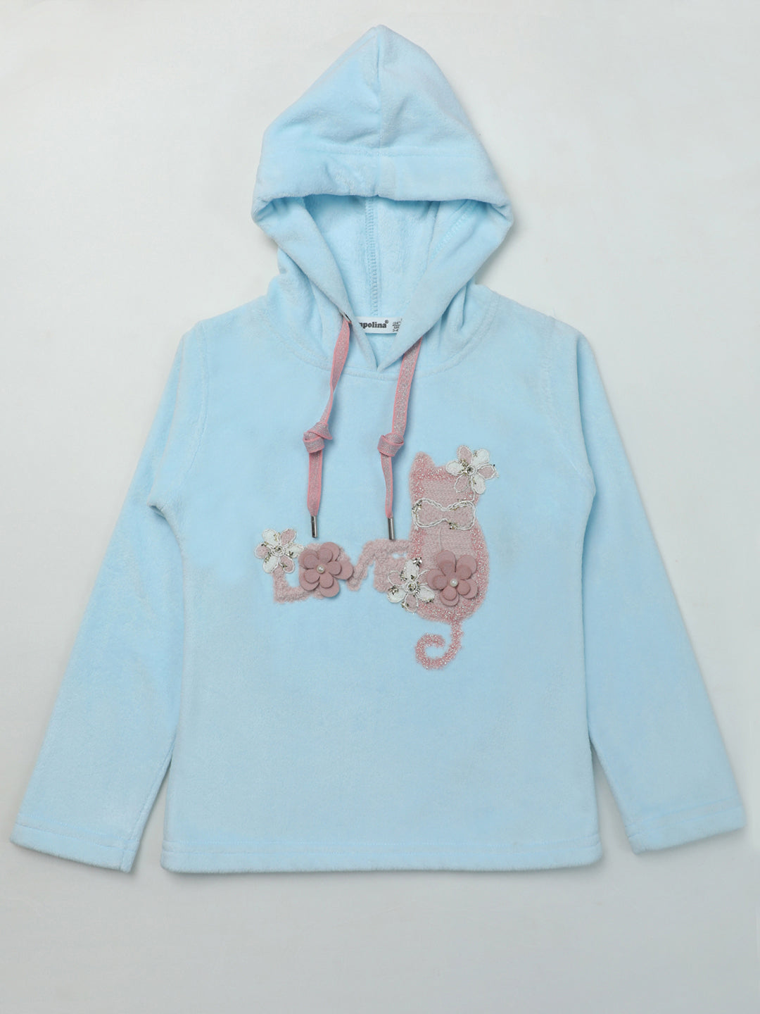 Pampolina Light Blue Fleece Hoodie - Girls' Sweatshirt with Cat & Flower Design