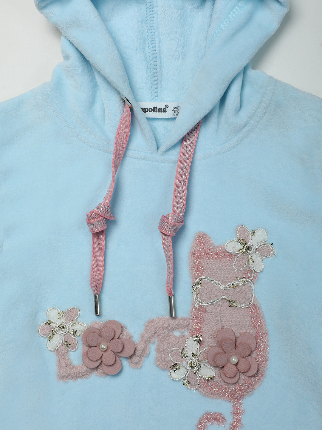 Pampolina Light Blue Fleece Hoodie - Girls' Sweatshirt with Cat & Flower Design