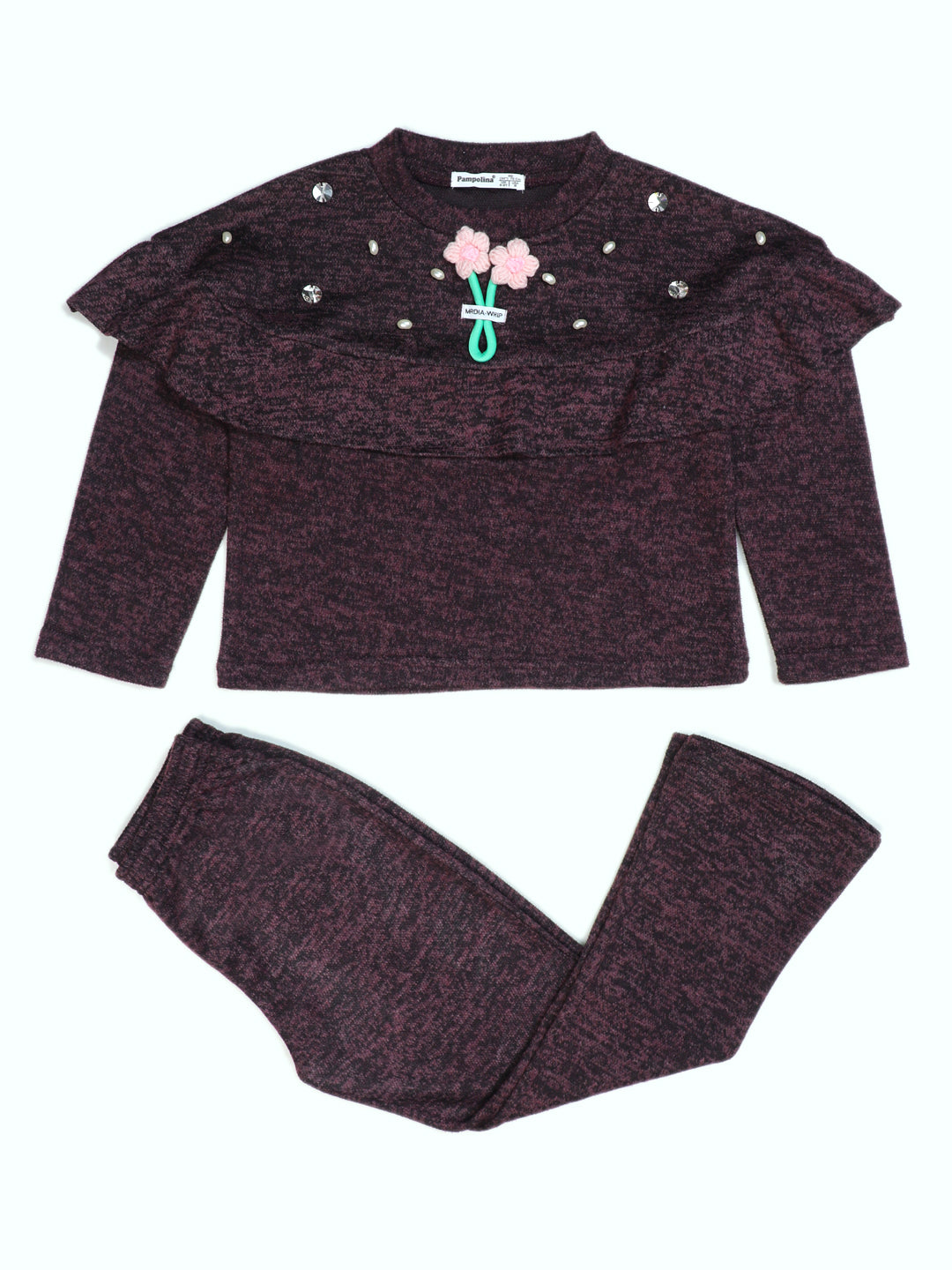 Pampolina Girls' Burgundy Knit Code Set - Top with Flower & Pants