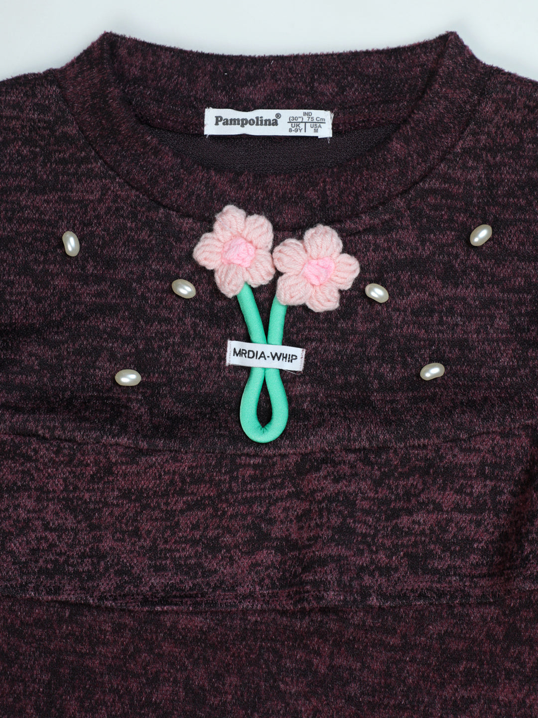 Pampolina Girls' Burgundy Knit Code Set - Top with Flower & Pants