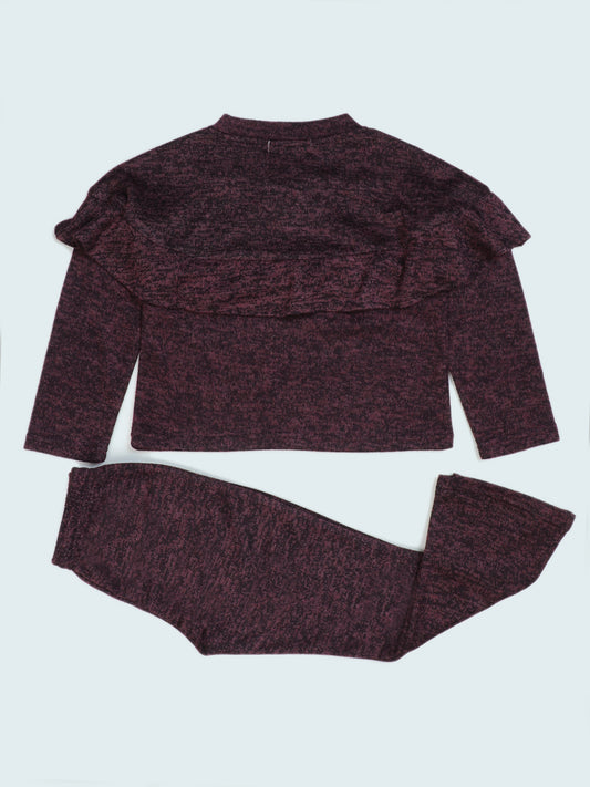 Pampolina Girls' Burgundy Knit Code Set - Top with Flower & Pants