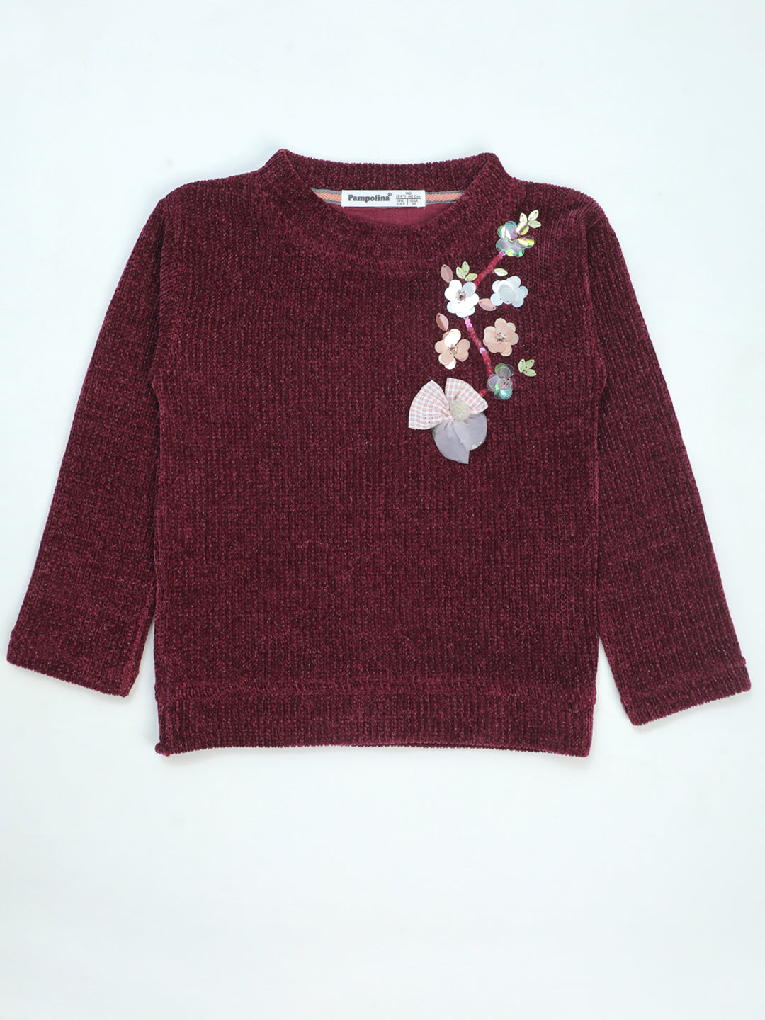 Pampolina Burgundy Sharing Top - Girls' Long Sleeve with Flower Applique