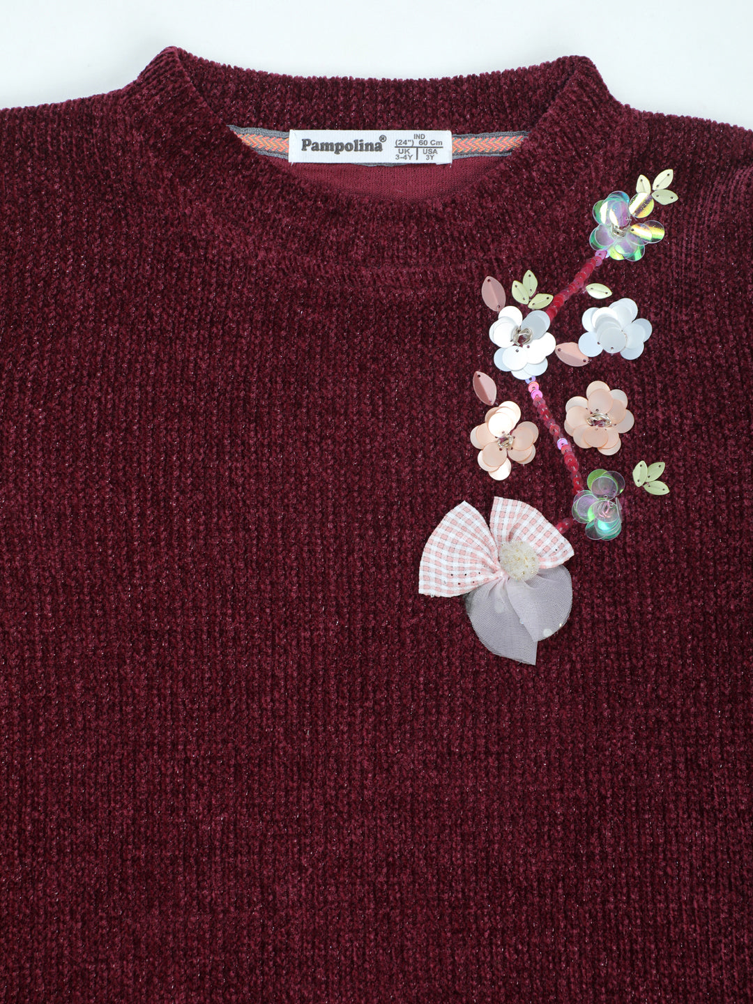 Pampolina Burgundy Sharing Top - Girls' Long Sleeve with Flower Applique