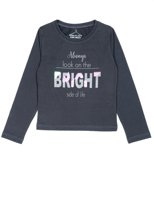 Pampolina "Always Look on the Bright Side" Gray Long-Sleeve Top with Sequin Detail