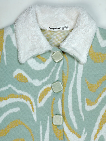 Pampolina Girls' Green Marbled Cardigan - Cozy Faux Fur Collar, Long Sleeve