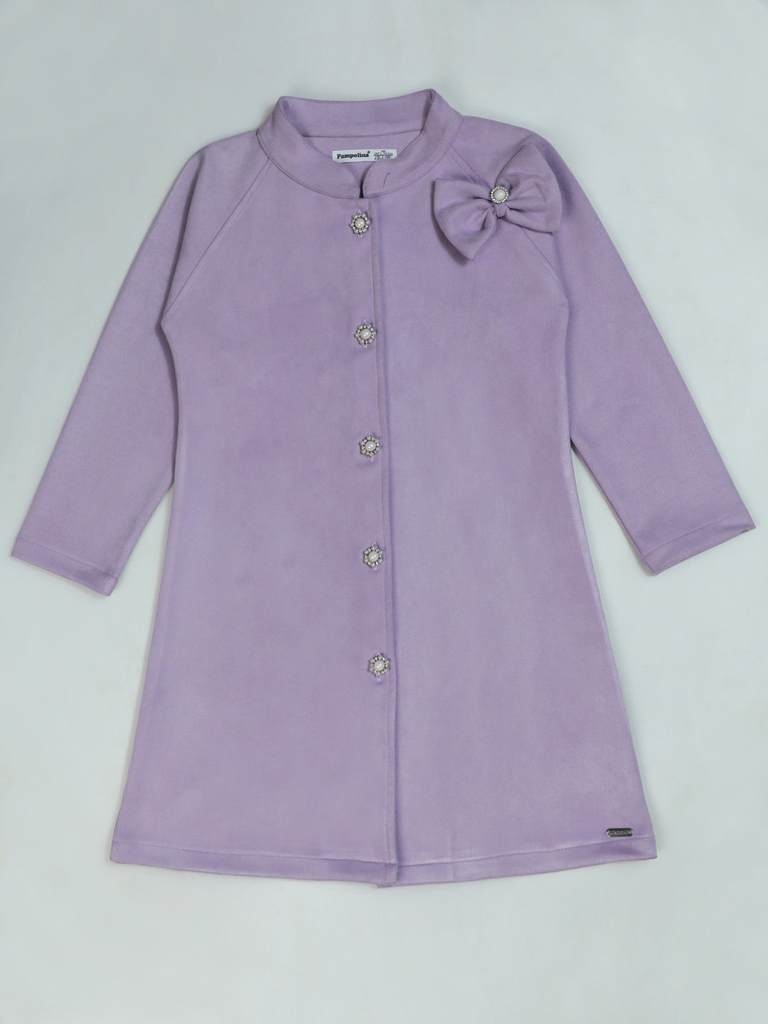 Pampolina Lilac Button-Up Dress - Girls' Long Sleeve with Bow Detail