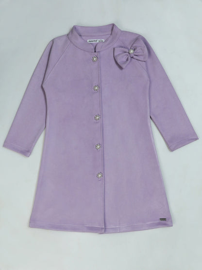 Pampolina Lilac Button-Up Dress - Girls' Long Sleeve with Bow Detail