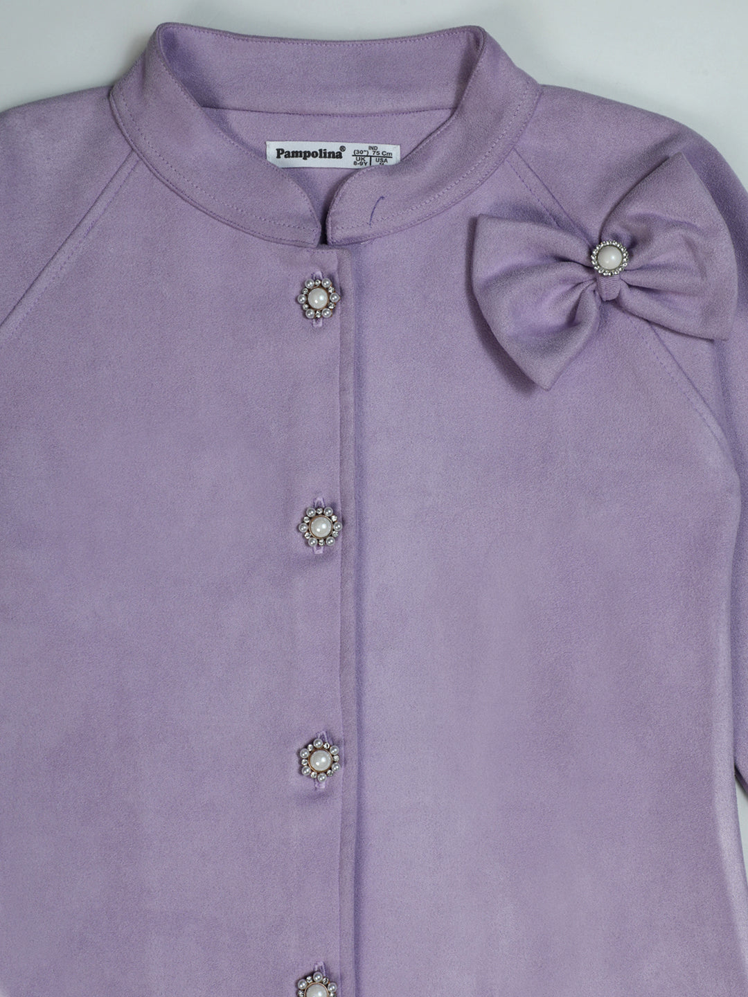 Pampolina Lilac Button-Up Dress - Girls' Long Sleeve with Bow Detail