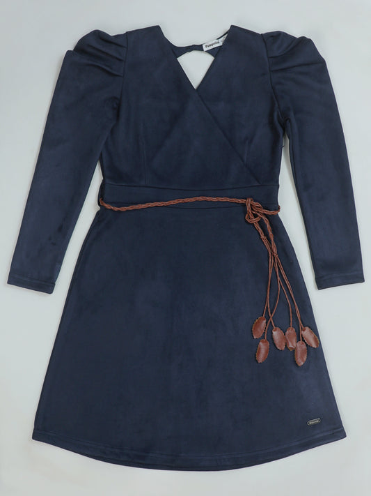 Pampolina Navy Blue Suede Dress - Girls' Wrap Style with Back Cutout & Belt