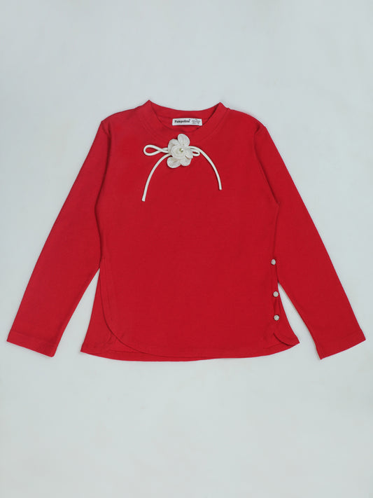 Pampolina Red Long Sleeve  - Girls' Top with Flower & Bow Detail