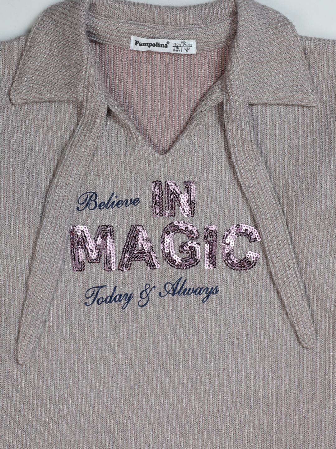 Pampolina "Believe in Magic" Grey Top - Girls' Long Sleeve with Tie Detail