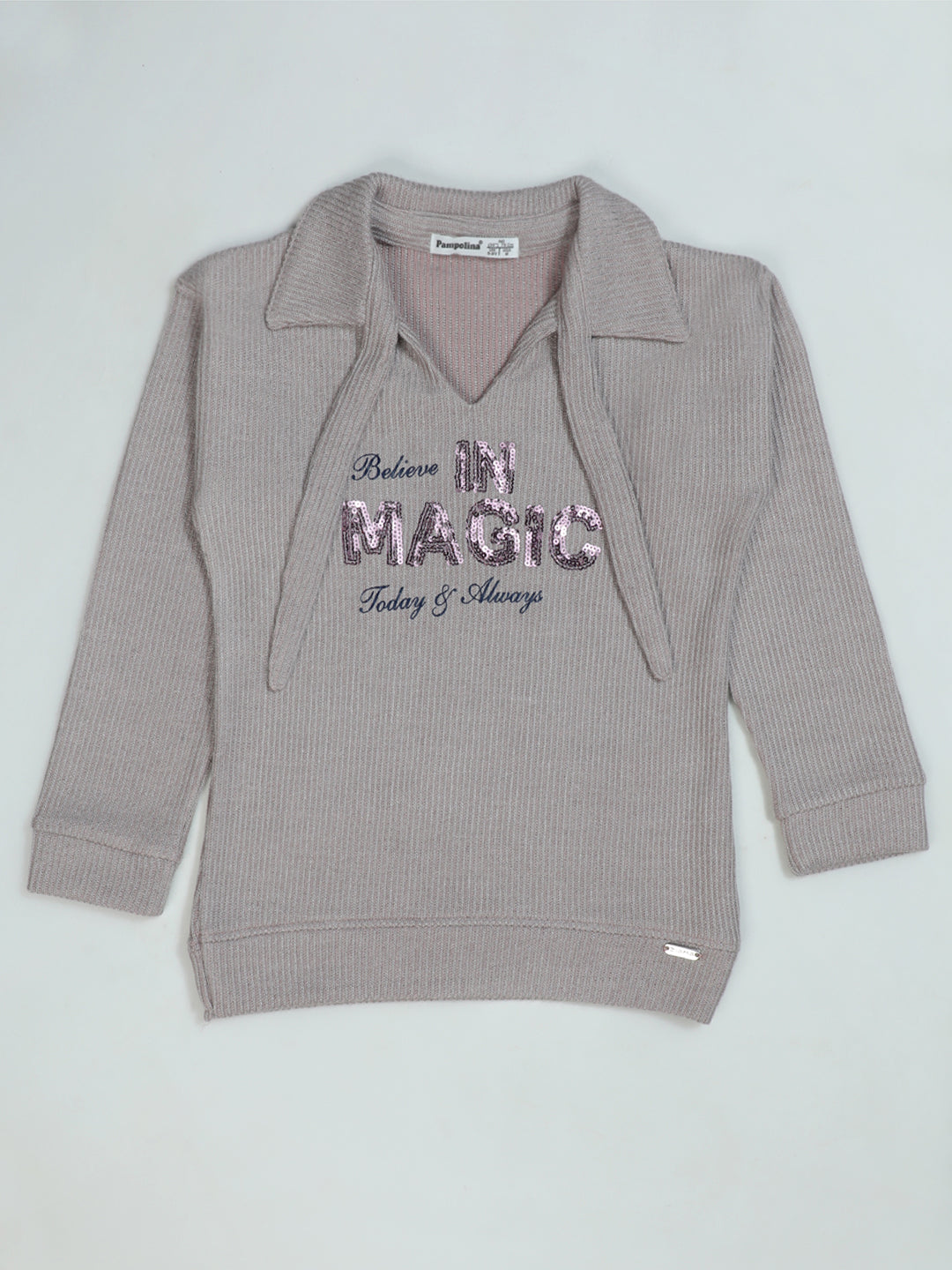 Pampolina "Believe in Magic" Grey Top - Girls' Long Sleeve with Tie Detail