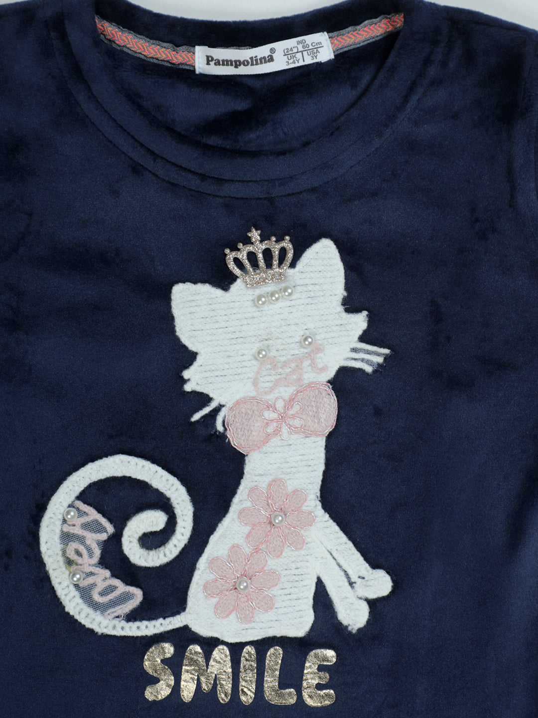 Pampolina "Smile" Navy Blue Long Sleeve top - Girls' Cat Design with Crown