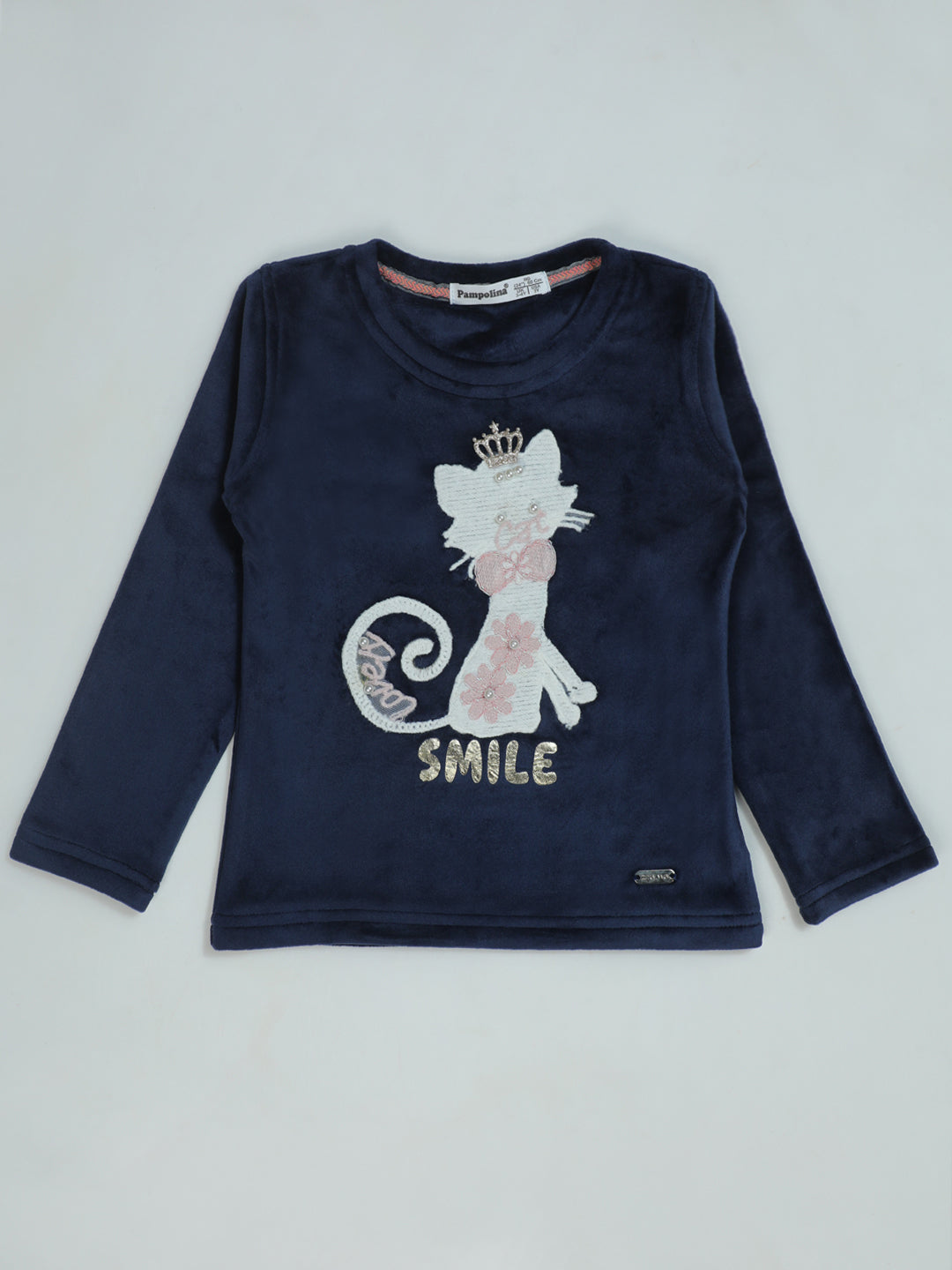 Pampolina "Smile" Navy Blue Long Sleeve top - Girls' Cat Design with Crown