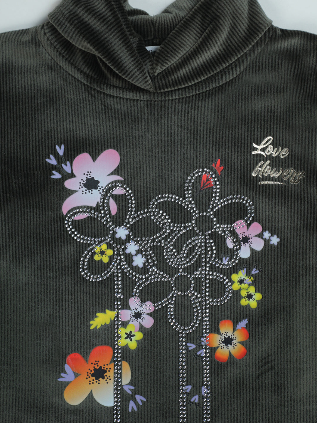 Pampolina "Love Flowers" Green Corduroy Top - Girls' Long Sleeve with Floral Design