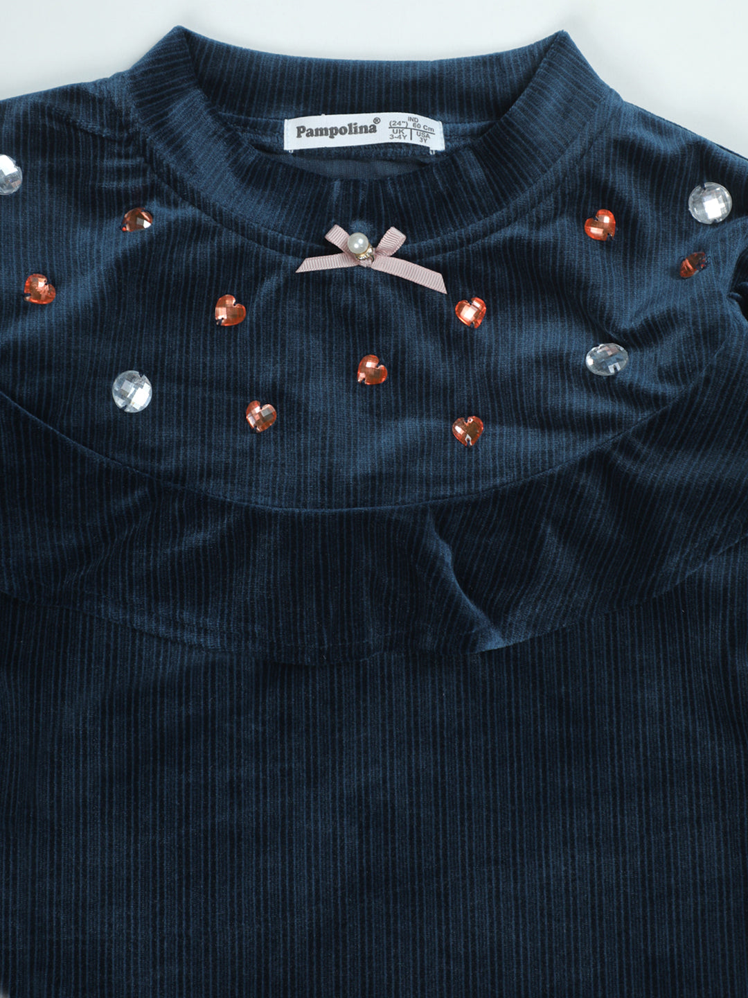 Pampolina Denim Blue Sharing Top - Girls' Long Sleeve with Embellished Collar