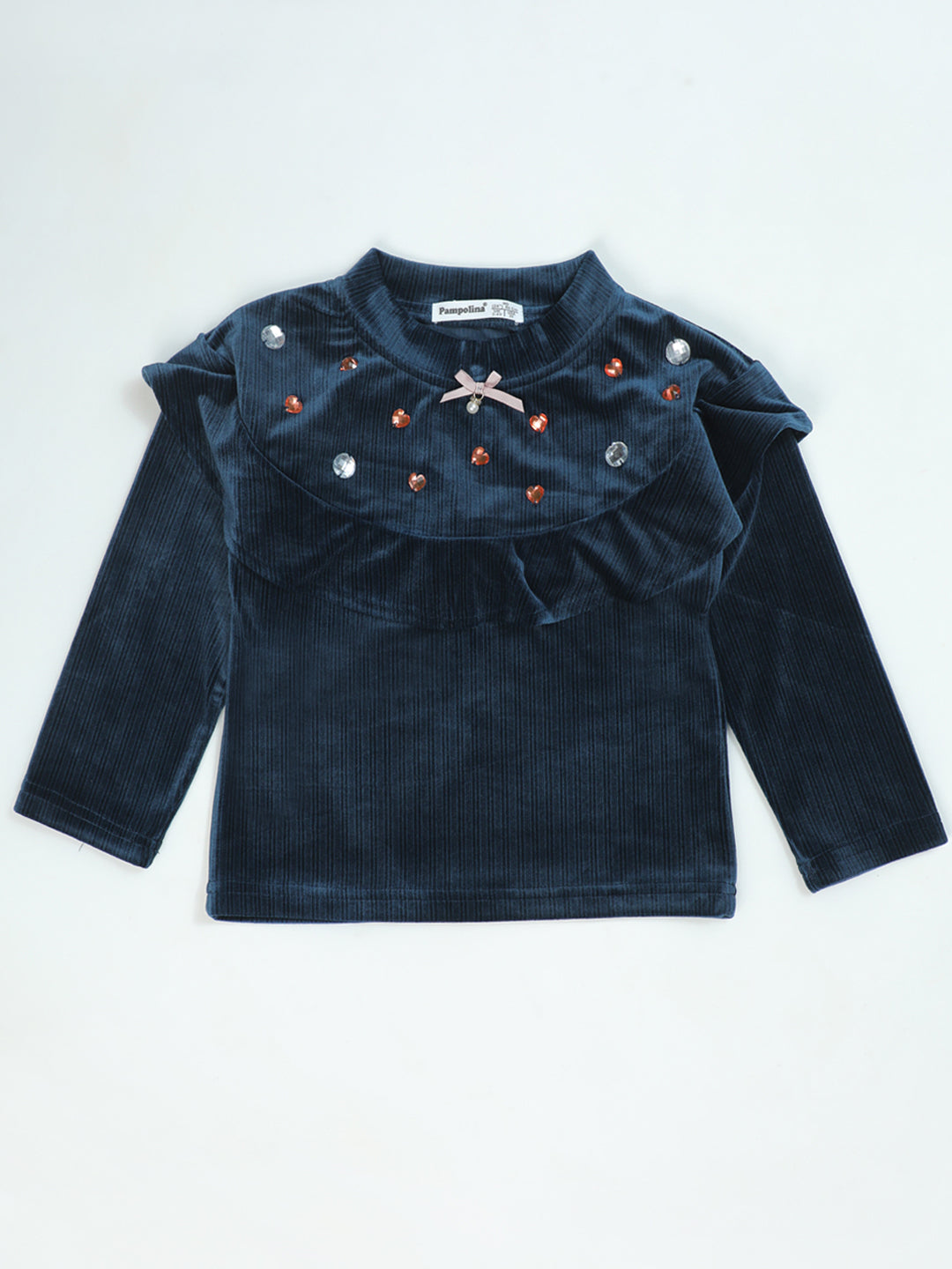 Pampolina Denim Blue Sharing Top - Girls' Long Sleeve with Embellished Collar