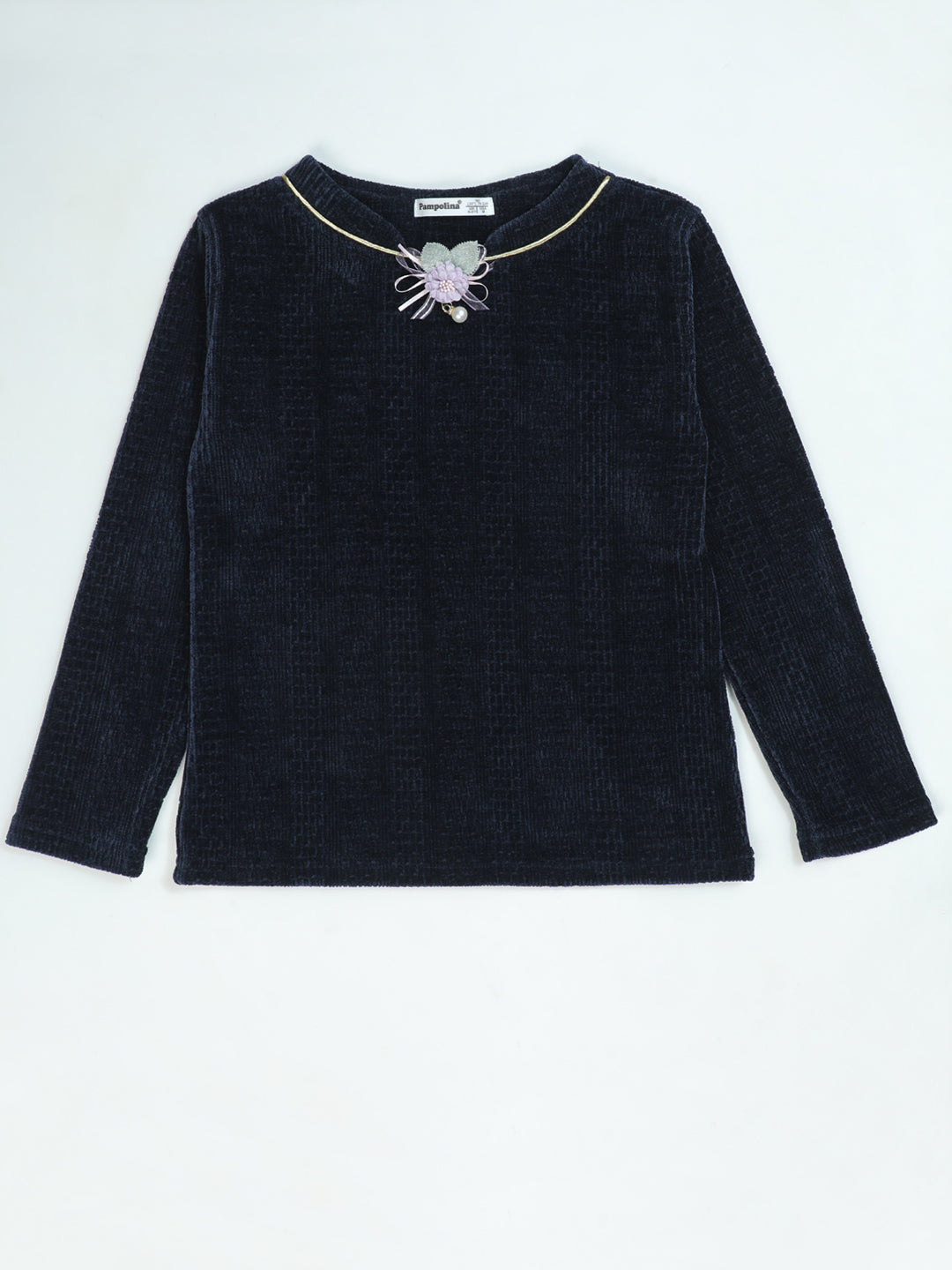 Pampolina Navy Ribbed Top with Flower Detail and Gold Trim