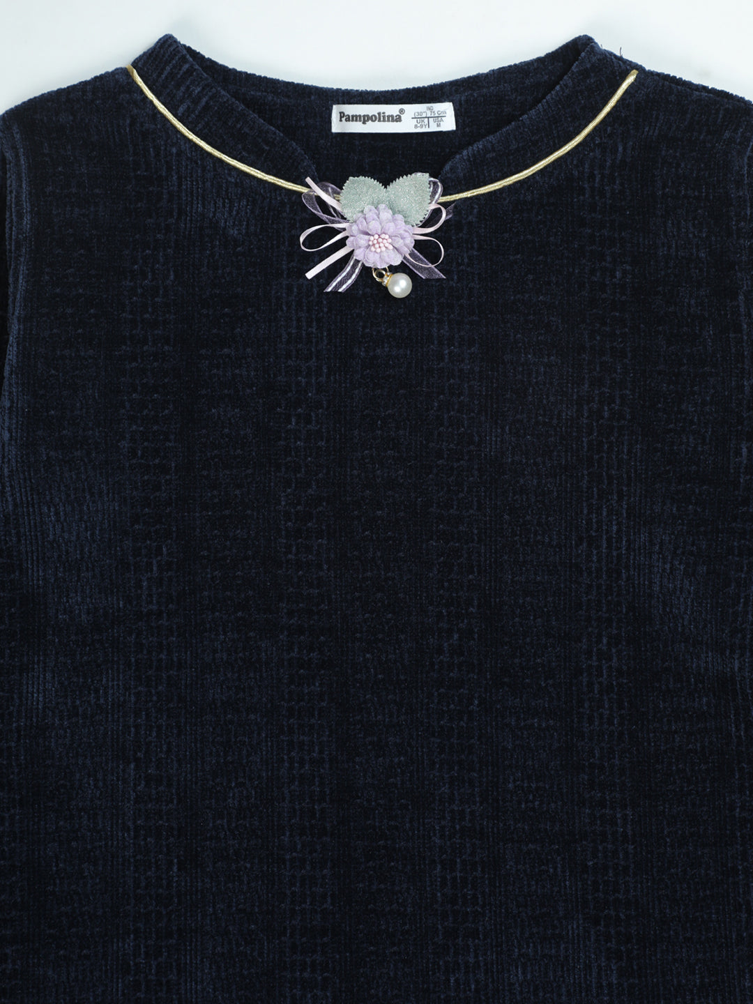 Pampolina Navy Ribbed Top with Flower Detail and Gold Trim