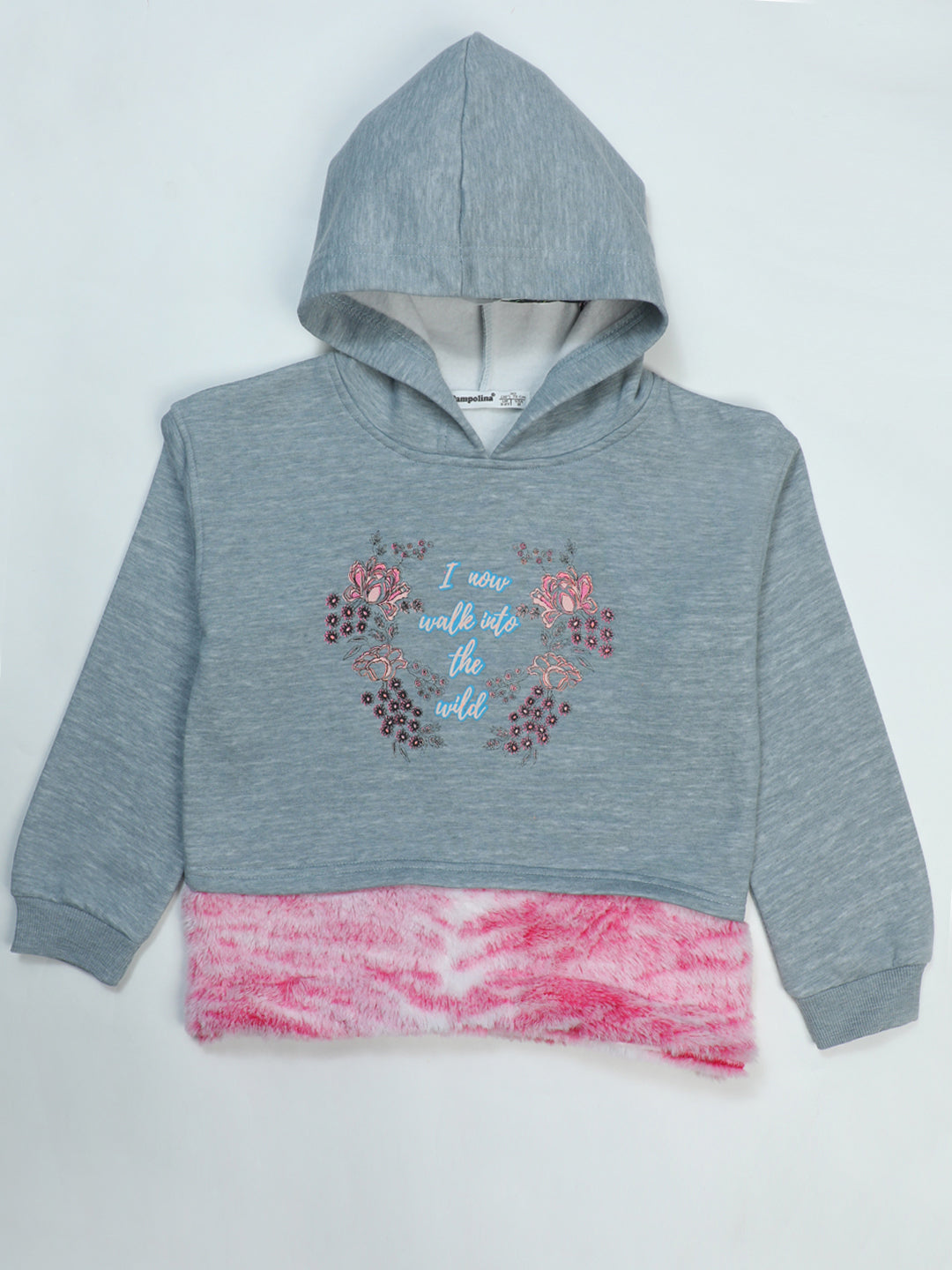 Pampolina "I Now Walk Into The Wild" Grey Sweatshirt - Girls' Sweatshirt with Fuzzy Trim