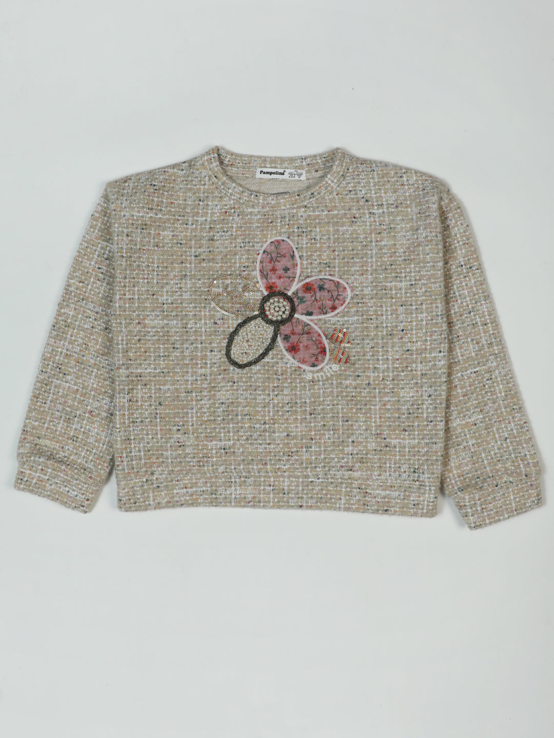 Pampolina "Floral Bloom" Beige Tweed Top with Embroidered Design