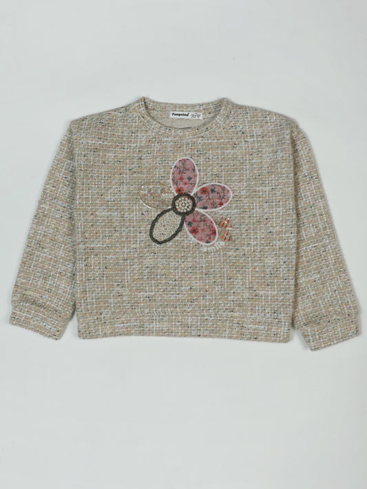 Pampolina "Floral Bloom" Beige Tweed Top with Embroidered Design