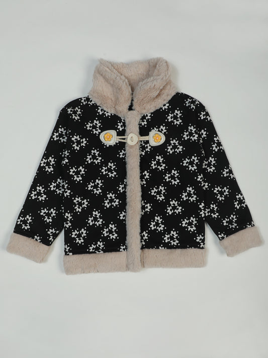 Pampolina Girls' Black Floral Jacket with Warm Faux Fur Lining