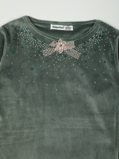 Pampolina Green Ribbed Sharing Top with Decorative Bow