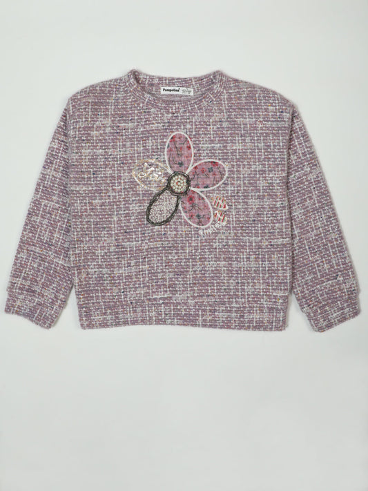 Pampolina "Floral Bloom" Beige Tweed Top with Embroidered Design
