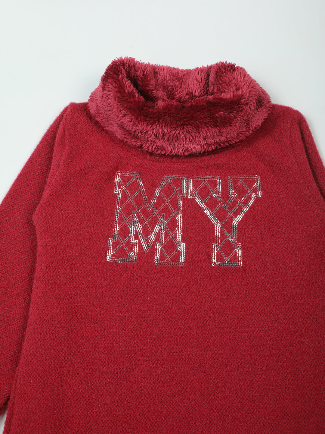 Pampolina Burgundy Wool Top with Faux Fur Collar and Cuffs & "MY" Design