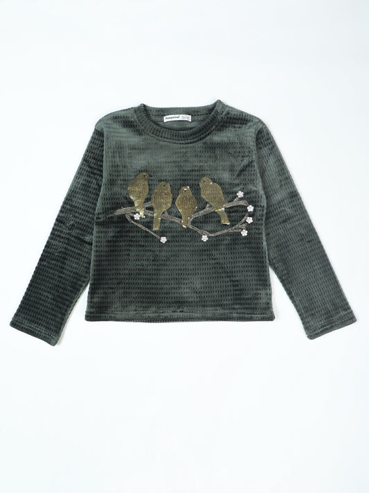 Green Sharing Long Sleeve Top with Bird Embroidery