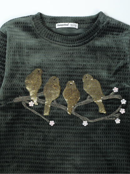 Green Sharing Long Sleeve Top with Bird Embroidery