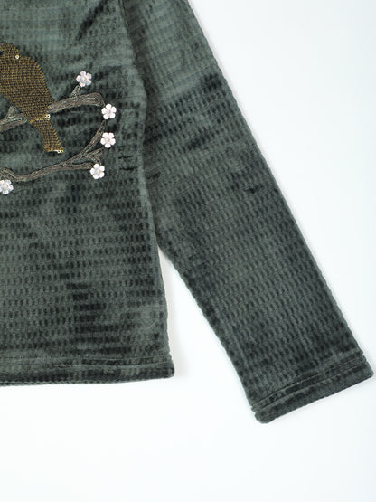 Green Sharing Long Sleeve Top with Bird Embroidery