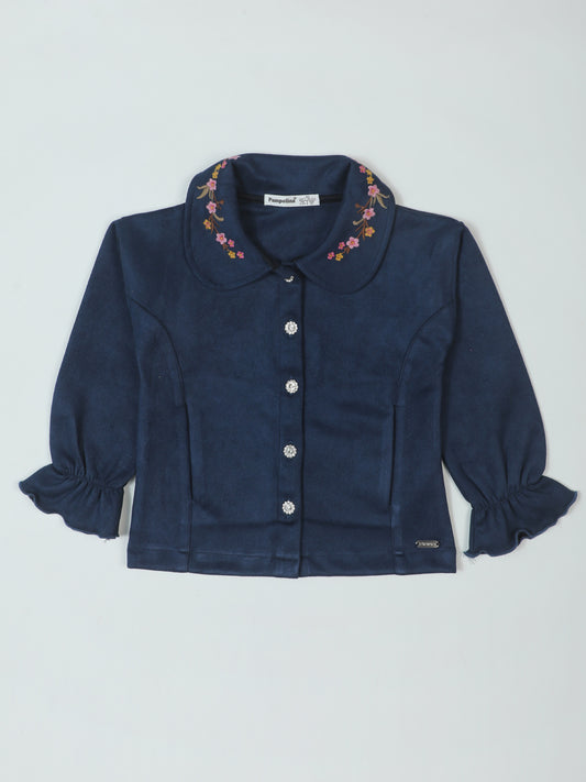 Pampolina Girls' Navy Blue Top with Elegant Floral Embroidery