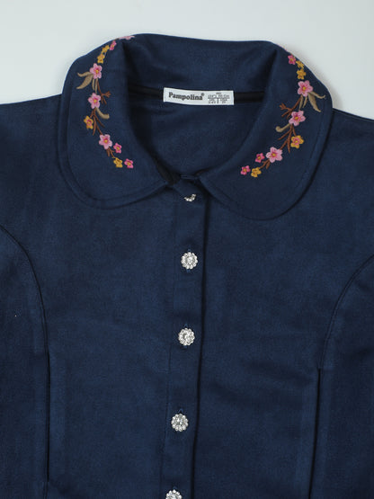 Pampolina Girls' Navy Blue Top with Elegant Floral Embroidery