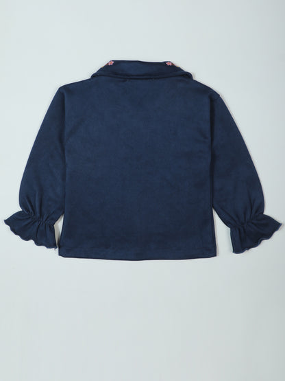 Pampolina Girls' Navy Blue Top with Elegant Floral Embroidery