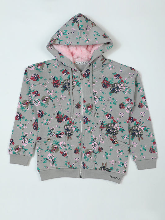 Pampolina Grey Floral Zip-Up Hoodie with Pink Sherpa Lining