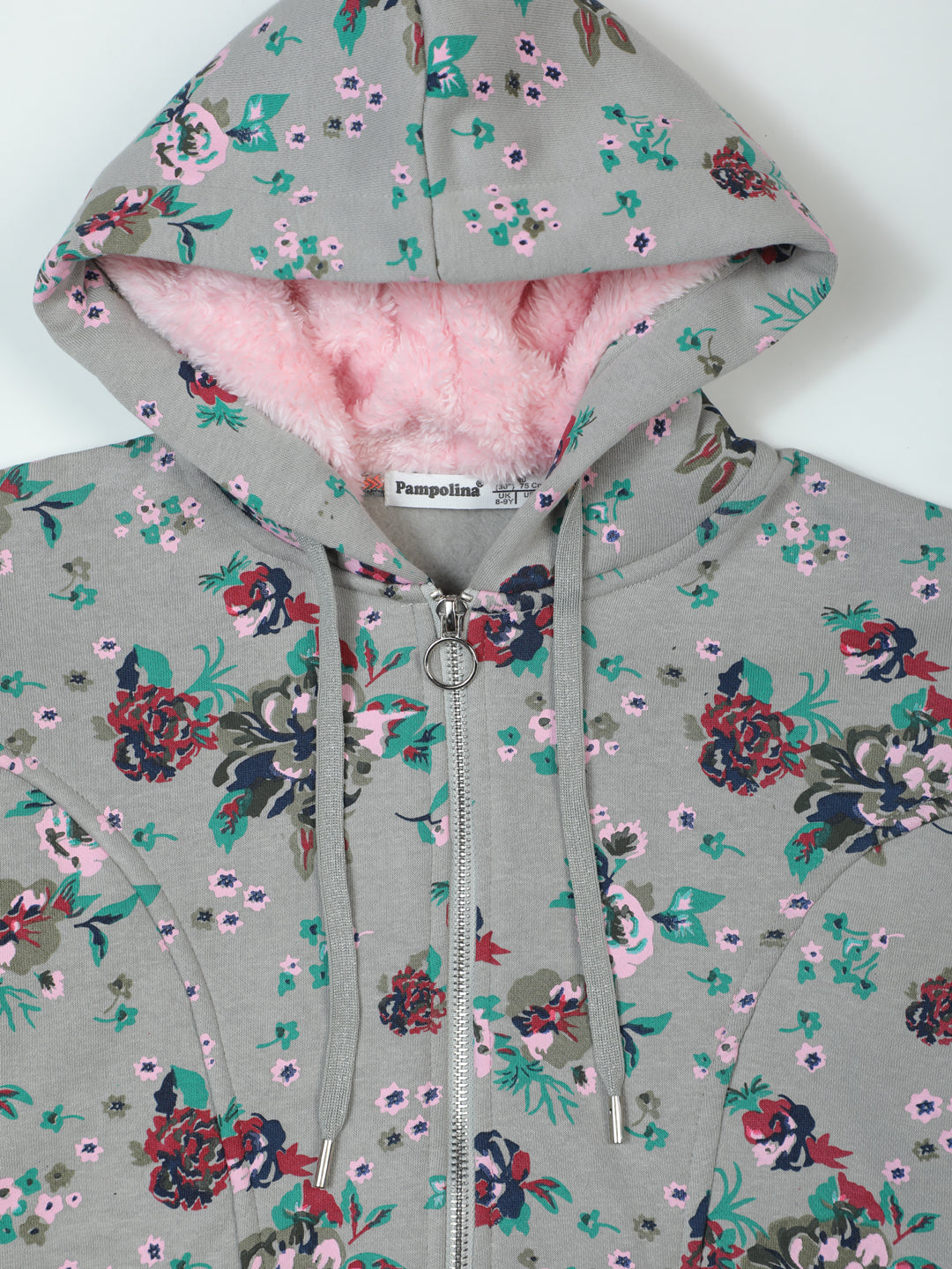 Pampolina Grey Floral Zip-Up Hoodie with Pink Sherpa Lining