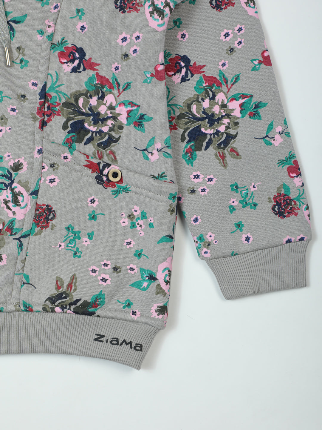 Pampolina Grey Floral Zip-Up Hoodie with Pink Sherpa Lining