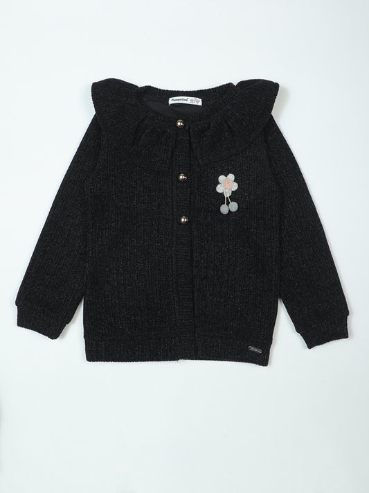 Pampolina Black Sparkle Cardigan with Ruffle Collar and Flower Detail