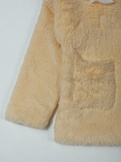 Pampolina Peach Faux Fur Sweat-shirt with Lace Collar and Patch Pockets