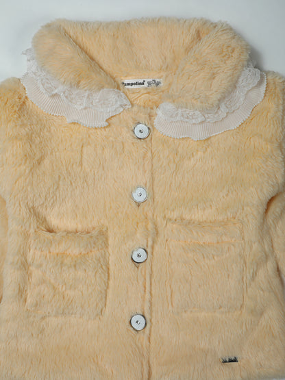 Pampolina Peach Faux Fur Sweat-shirt with Lace Collar and Patch Pockets