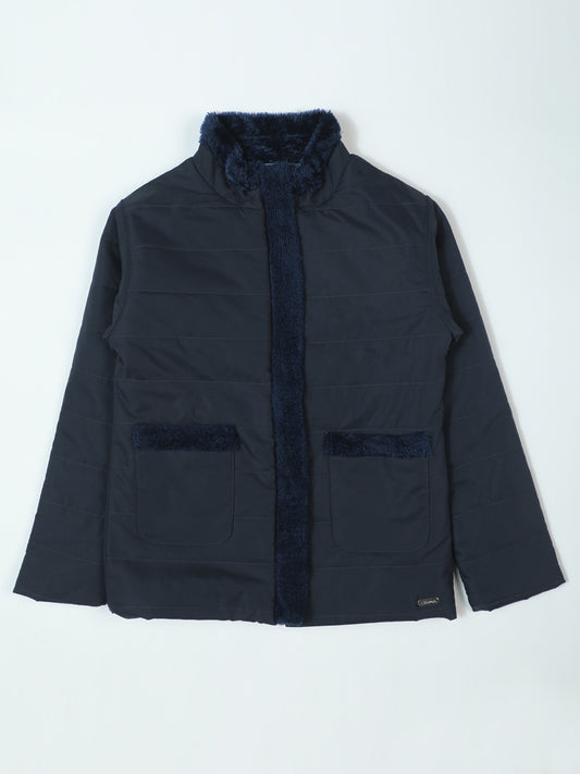 Pampolina Navy Blue Quilted Jacket with Faux Fur Collar and Pockets