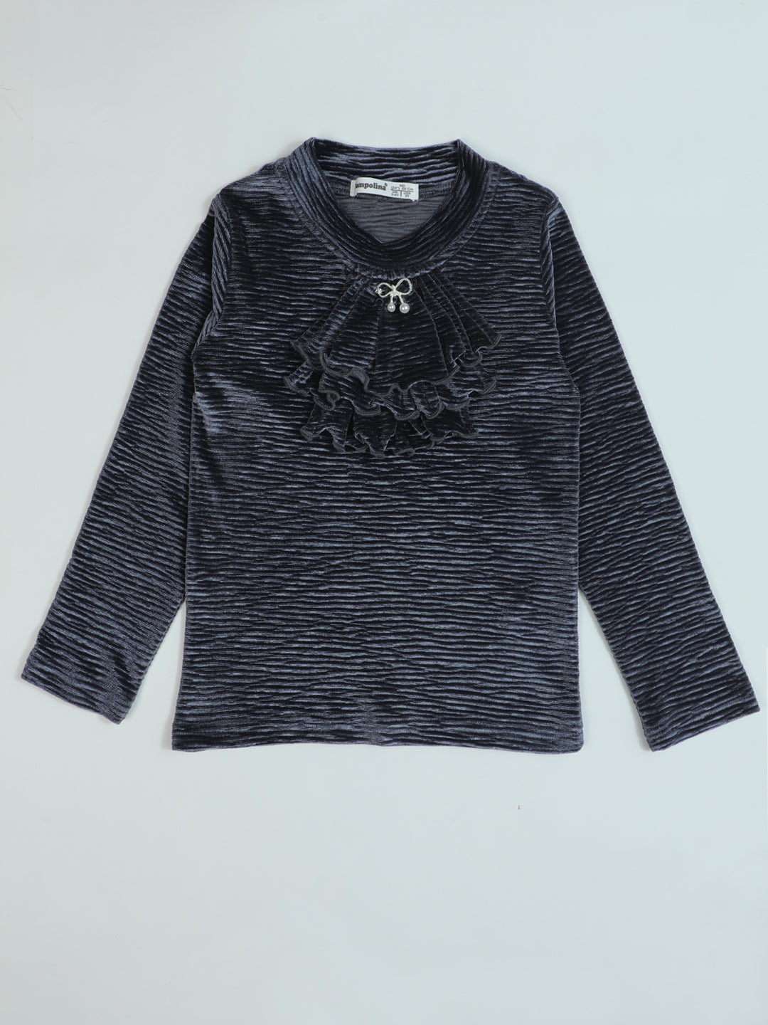 Pampolina Girls' Grey Sharing Top with Elegant Ruffled Collar